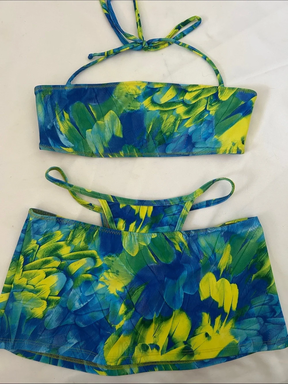MELISSA SIMONE Enita Bikini Top Kyra Thong Bottom & Skirt in Blue & Green Floral